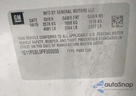 2015 Chevrolet Malibu 1Lz из США, поврежденный, VIN 1G11F5SL0FF300935